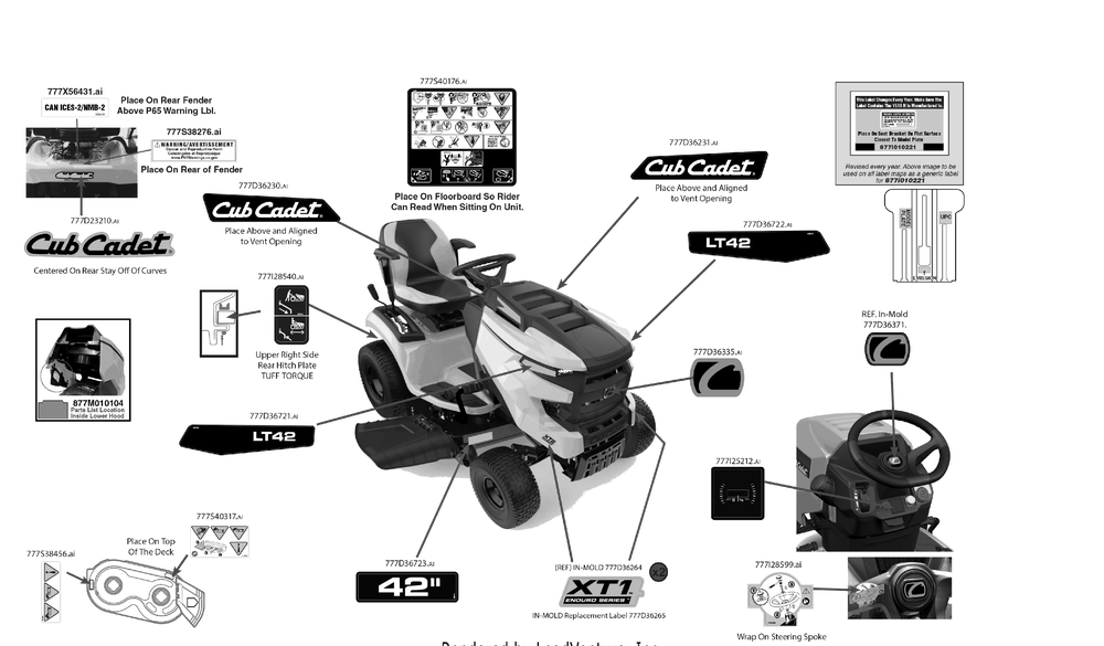 Label Map Diagram and Parts List for XT1-LT42KH (13AKA9TSA10)(2023) Cub Cadet Lawn Tractor